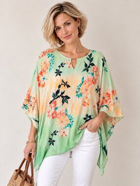 JM Collection XL Floral Poncho Top Mint Green Dolman Blouse